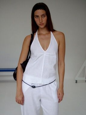 DEIJI STUDIOS The Linen Pinched Halter Top in White Summer Blouse NWOT XS